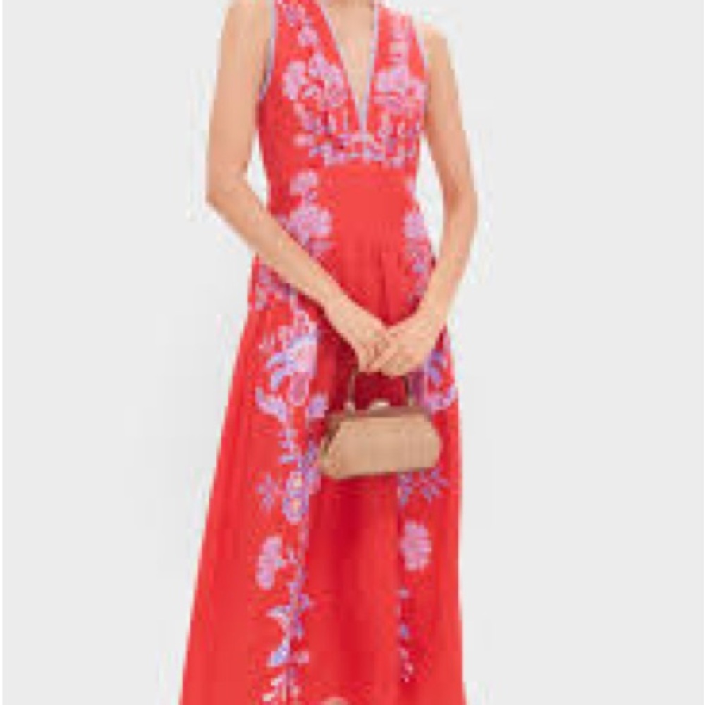 Farm Rio Red Porcelain Garden Euroflax™ Premium Linen Midi Dress - Picture 5 of 10